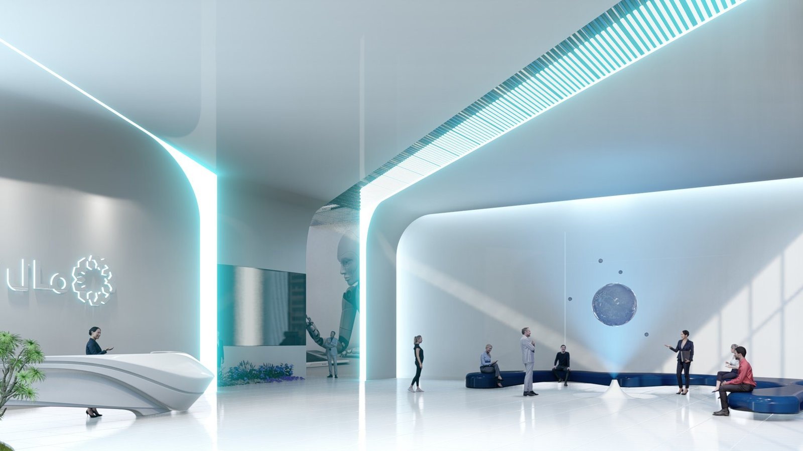 Interior of a modern smart building lobby with holographic interfaces