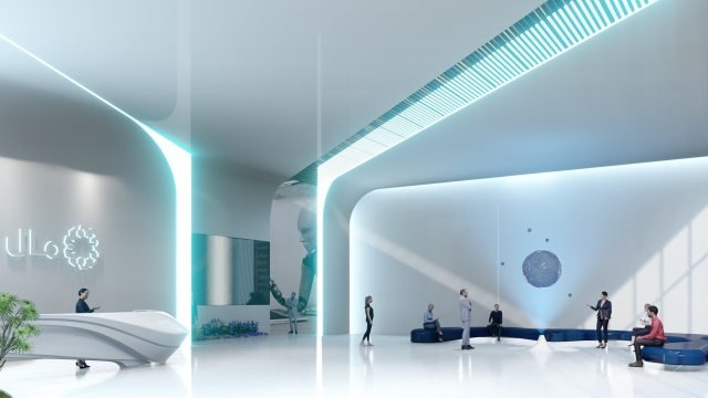 Interior of a modern smart building lobby with holographic interfaces