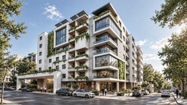 Modern urban city street with mixed-use buildings and green infrastructure